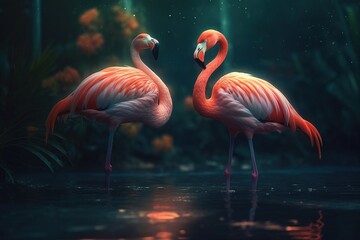 Fototapeta na wymiar two flamingos standing in a body of water at night. generative ai