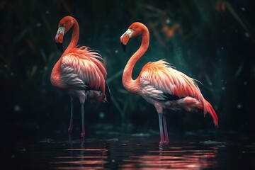  two flamingos standing in the water with their necks crossed.  generative ai