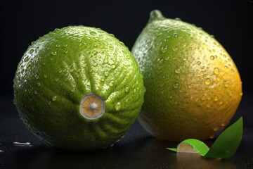 Fototapeta na wymiar two limes with water droplets on them sitting on a table. generative ai