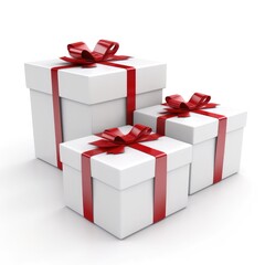 Obraz premium Three white gift boxes with red ribbon on white
