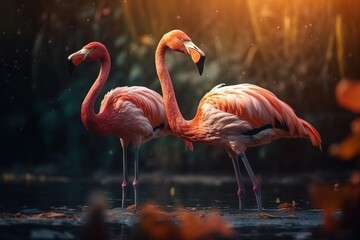  two flamingos standing next to each other in the water.  generative ai