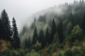 Tall trees in the forest in the mountains