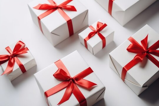 Gift boxes with red ribbon on white