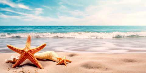 Fototapeta na wymiar Sandy beach with collection of seashells and starfish as natural textured background for aesthetic summer design