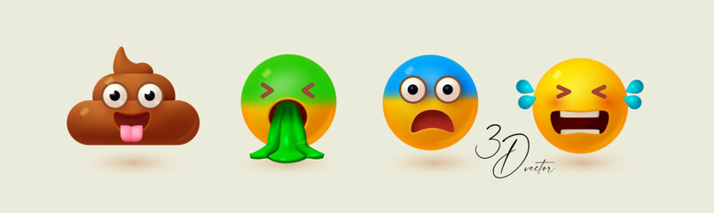 Yellow ball with face set. Emotion expression collection. Poop, annoyance, grief, crying