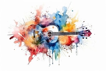  a watercolor painting of a guitar with splashs of paint.  generative ai