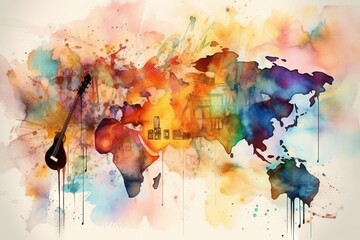  a watercolor map of the world with a guitar on it.  generative ai