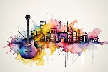  a guitar with a city in the background and watercolor splashs.  generative ai