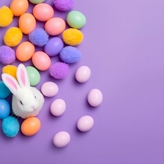 Naklejka na ściany i meble a fluffy Bunny Ears and Colorful Easter Egg Decorations on a Lilac Background, Generative AI