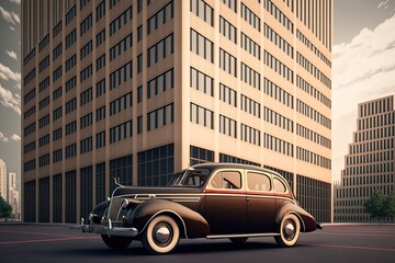 Plakat vintage car parked in front of sleek, modern office building, with view of the city skyline visible in the background, created with generative ai