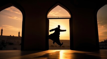 Silhoutte of man Whirling dervish under mosque door frame with sunset background. Generatiev AI