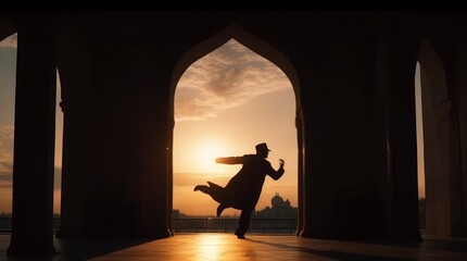 Naklejka na ściany i meble Black shadow silhoutte of man Whirling dervish under mosque door frame with sunset background, islamic background concept, eid al adha, ramadan kareem, eid mubarak. Generative ai