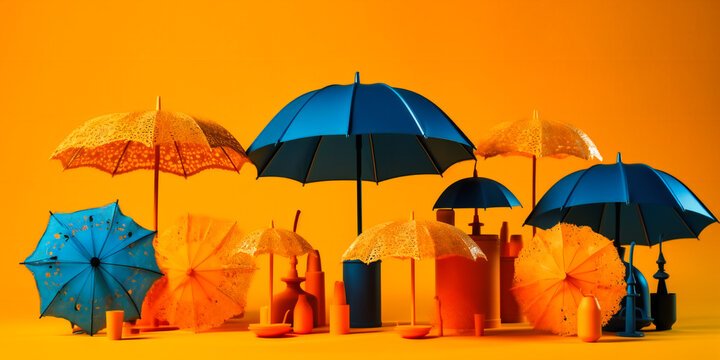 a group of umbrellas and vacation items on an orange background
