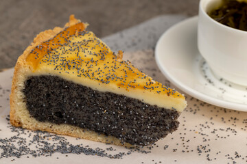 a cut piece of cake with poppy seed filling