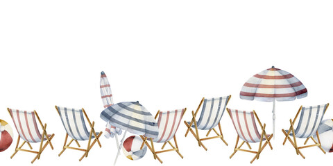 Hand drawn watercolor striped beach chair and umbrella. Seamless horizontal banner. Isolated on white background. Design for wall art, wedding, print, fabric, cover, card, tourism, travel booklet.