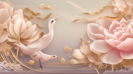 Luxury oriental flower background. Elegant pink lotus flowers golden line art with sea wave line pattern and crane bird. Chinese and Japanese design for wallpaper, poster, banner, card.  Generative ai