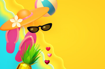 Hello Summer! Cool summer vacation. 3D tropic holiday design. Exotic journey. Sea wave, sunglasses and hat with sneakers.