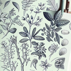 collection of hand-drawn botanical illustrations, showcasing the intricate beauty and delicate details of a variety of plants and flowers. generative ai