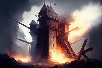 storming a medieval fortress with catapults and trebuchets launching fiery projectiles against the walls, created with generative ai