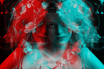 Beautiful woman with big wavy hair studio portrait. Model surrounded with flower twigs with blossoms. RGB color split and 3D glitch virtual reality effect applied. Futuristic looking style