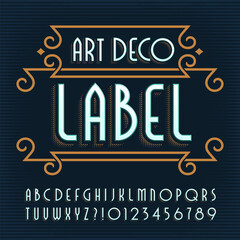 Art Deco Label alphabet font. Vintage letters and numbers. Vector typeface for your typography design.