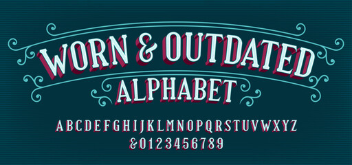 Worn and Outdated alphabet font. Vintage letters and numbers. Vector typeface for your typography design.