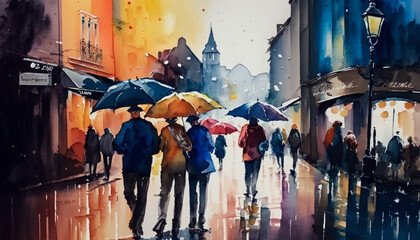 Watercolor painting of a cityscape. City with lots of poeople on rainy day. 