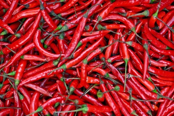 Full frame of fresh red chili pepper. Top view background texture.