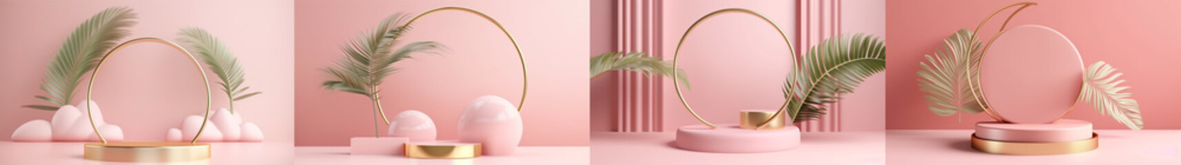 Realistic pink product podium with golden round arch, palm leaf and clouds. 