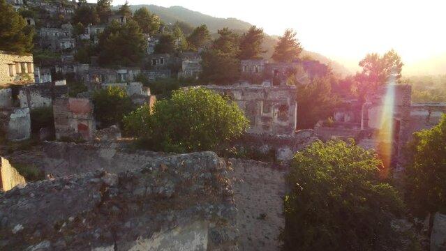 The ruins of the old ghost town of Kayakoy in Turkey from a drone