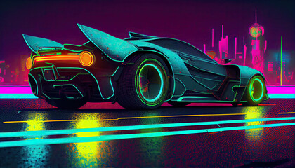 Obraz na płótnie Canvas Futuristic sport car, non existent design, car race, defocused city in background, 3d illustration