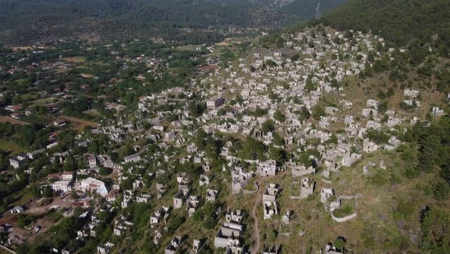 The ruins of the old ghost town of Kayakoy in Turkey from a drone