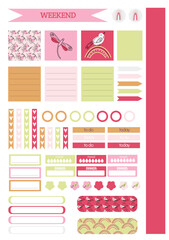 Collection of weekly or daily planner, note paper, to do list, stickers templates decorated by cute beauty cosmetic illustrations and trendy lettering.