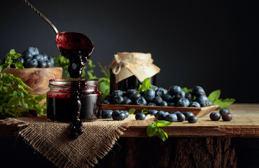 Blueberry jam with fresh berries.