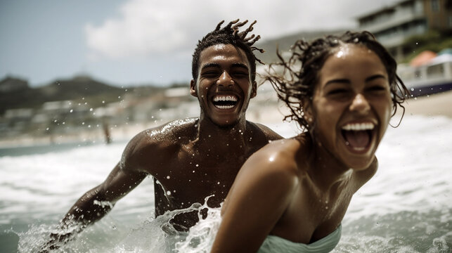 Black young couple has fun chasing each other in the water. Generative AI