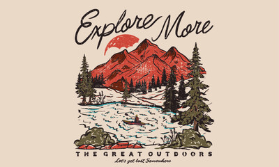 The great outdoors. Explore more print design. Outdoor at the mountain retro print design for t shirt and others. Mountain lake graphic artwork. 