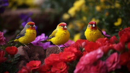 Obraz premium Colorful canaries in a blooming garden