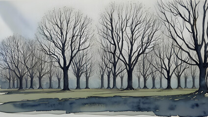 beautiful watercolor and ink painting of trees in a row - generative AI