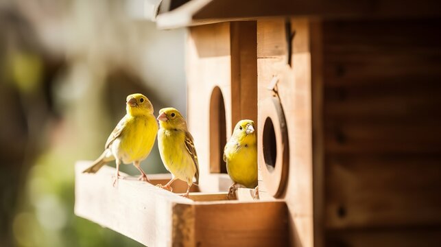 Singing canaries in a birdhouse