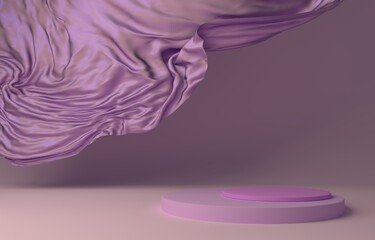 Realistic 3d round product podium display covered with fabric drapery folds isolated on white background. White, red, black, gold color shiny silk fabric.