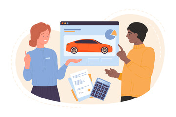 Buy car online vector illustration. Cartoon young male buyer and female dealer discuss auto purchase, insurance protection and contract paper documents, dealership service when buying automobile