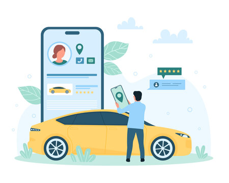 Rent car, service in mobile application vector illustration. Cartoon tiny person holding phone for remote vehicle rental or carsharing, man with smartphone connected to taxi app for city ride