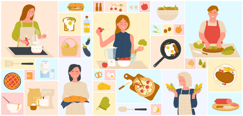 Cartoon culinary collection with people cooking meal at kitchen table, basket with vegetables and soup, homemade bread and pizza in square collage background. Cooking food set vector illustration