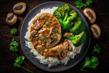stewed chicken fillet pieces with mushrooms and rice served over boiled broccoli. adequate nutrition. a healthy way of living. nutritional menu. a top view. Generative AI - obrazy, fototapety, plakaty