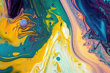 Fototapeta premium Background of flowing paint color. Paint streaks and an extraterrestrial cosmic sea design. Marbling impact. Abstract flowing paint in the background. painting made with liquid acrylic that flows and