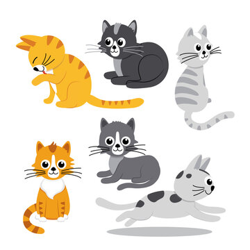 Set of cats. Kitty, kitten. Red, grey, black, tabby cats. Fla, cartoon vector