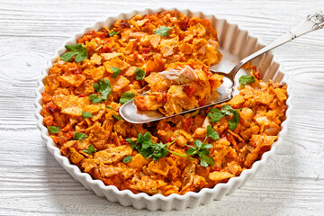 nacho chicken cheese casserole in baking dish