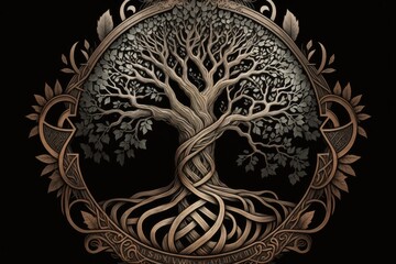 Norse mythology's Yggdrasil symbol, which was influenced by flora. Generative AI - obrazy, fototapety, plakaty