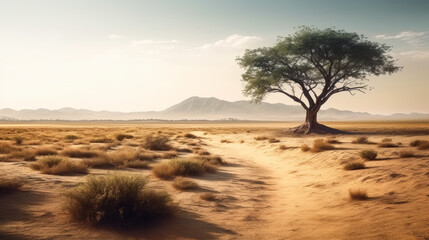 Fototapeta na wymiar View of a desolate place in the desert with a green tree standing alone. Arid place. Generative AI