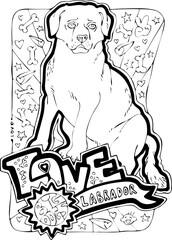 Colouring book vector page with big dogs for children and grownups. Hand drawn line illustration for free time activities. House animal pet cartoon character outline drawing. One of a pages set.